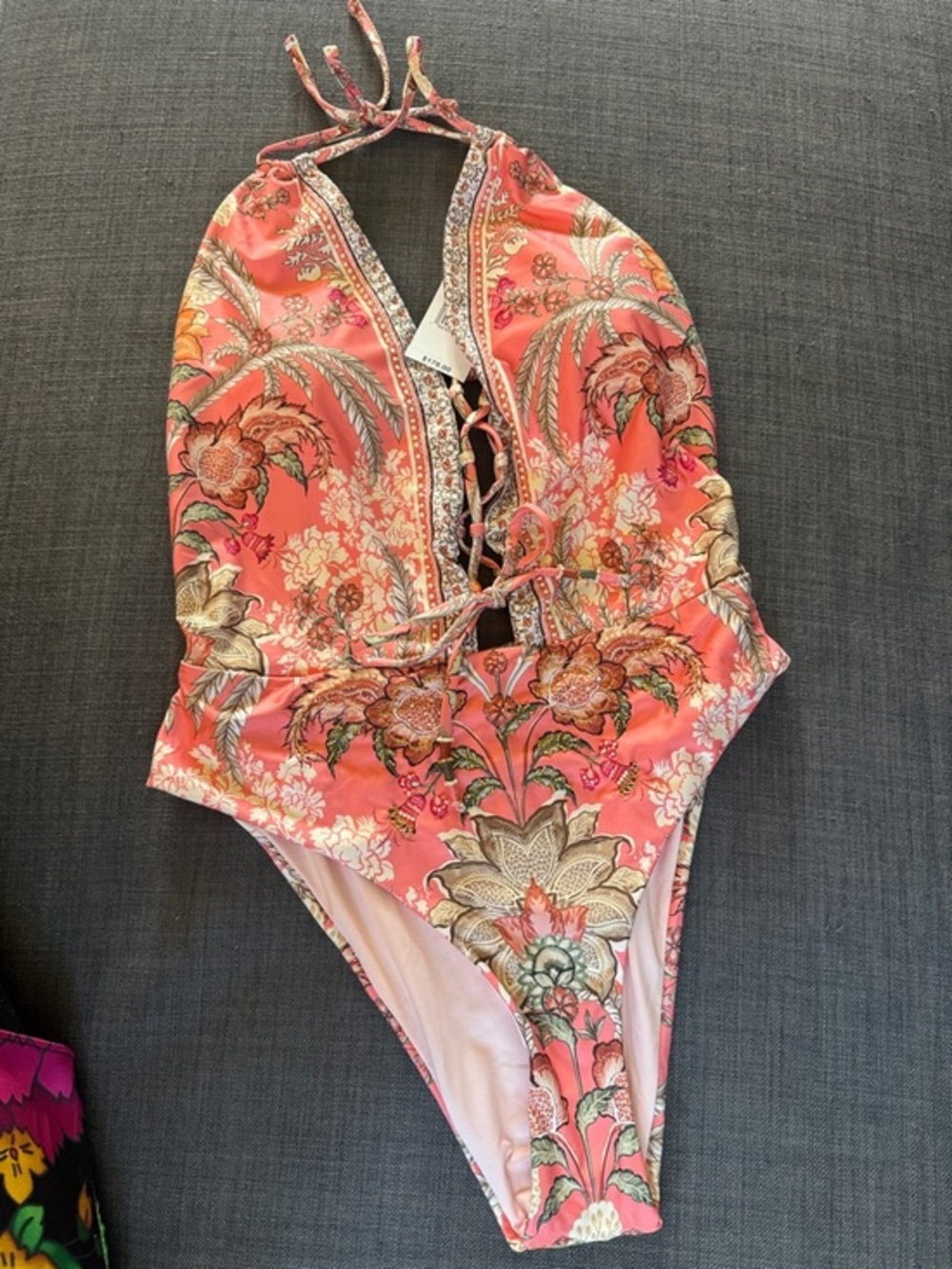 NWT Cosita Linda Beaded Floral Halter Lace-Up Swimsuit